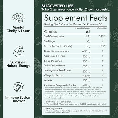 Mushroom Daily Supplement All in One Gummie, 24 Mushroom Lions Mane Nootropic Supplements Boosts Memory, Focus, Energy & Mood in Adults - Reishi, Cordyceps, Turkey Tail, 80 Gummies