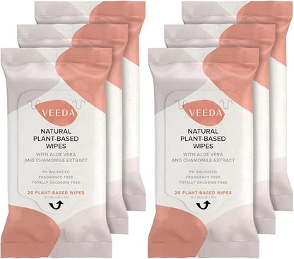 Veeda Plant-Based Feminine Wipes – pH-Balanced, Hypoallergenic & Biodegradable Wipes for Sensitive Skin, Fragrance-Free Travel Sized Wipes – 120 Count
