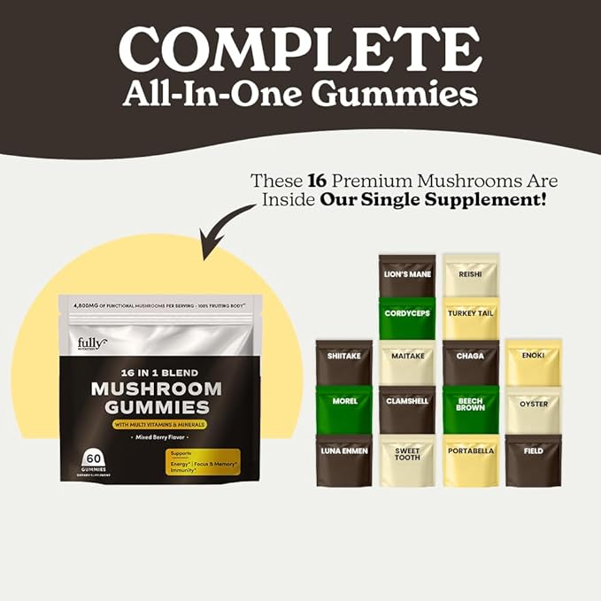 16 Blend Mushroom Gummies - Mushroom Gummies for Adults, Mushroom Supplement with Chaga, Lions Mane, Reishi, Cordyceps for Focus & Clarity, Supports Microdosing Mushrooms - Mixed Berry
