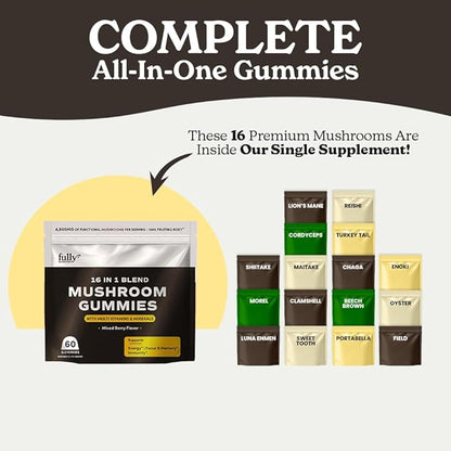 16 Blend Mushroom Gummies - Mushroom Gummies for Adults, Mushroom Supplement with Chaga, Lions Mane, Reishi, Cordyceps for Focus & Clarity, Supports Microdosing Mushrooms - Mixed Berry