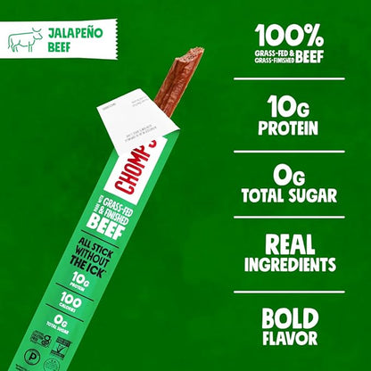 Chomps Grass-Fed and Finished Jalapeño Beef Jerky Snack Sticks 24-Pack - Keto, Paleo, Whole30, 10g Lean Meat Protein, Gluten-Free, Zero Sugar Food, Non-GMO