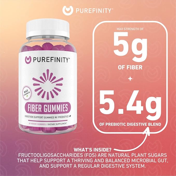 PUREFINITY Fiber Gummies for Adults with Inulin FOS from Chicory Root, Sugar Free Prebiotic Supplement for Daily Digestion & Constipation Support – Non-GMO, Vegan, 60 Count