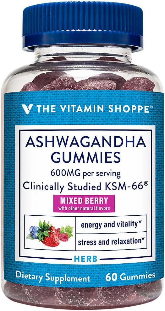 The Vitamin Shoppe Ashwagandha 600 MG - Stress Support, Energy & Adaptogenic Wellness, Root Extract (60 Gummies)