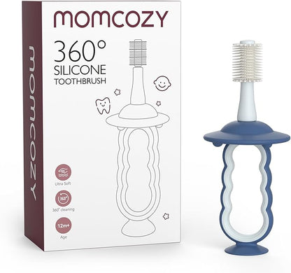 Momcozy Baby Toothbrush, Toddler Toothbrush 1-2, Infant Tooth Brush 6 to 12 Months and up, Oral Cleaner, Baby Tongue Cleaner, Blue