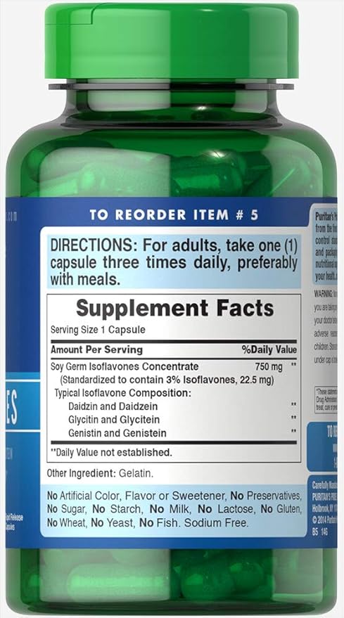 Puritan's Pride Non-GMO Soy Isoflavones 750mg, Dietary Supplement with Active Daidzein, Genistein, and Glycitein Supports Menopause and Hot Flashes, 120 Rapid Release Capsules (Pack of 2)