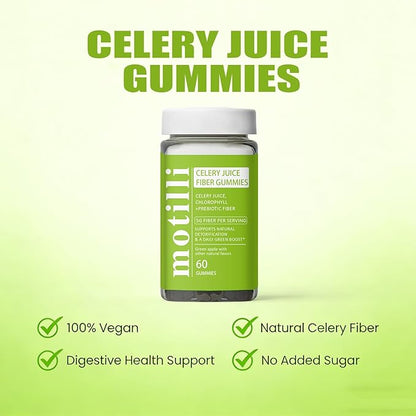 Motilli Celery Juice Gummies, Fiber Gummies with Celery Juice, Support Gut Health, Chlorophyll & Prebiotic Fiber, 60 Count(1PC)