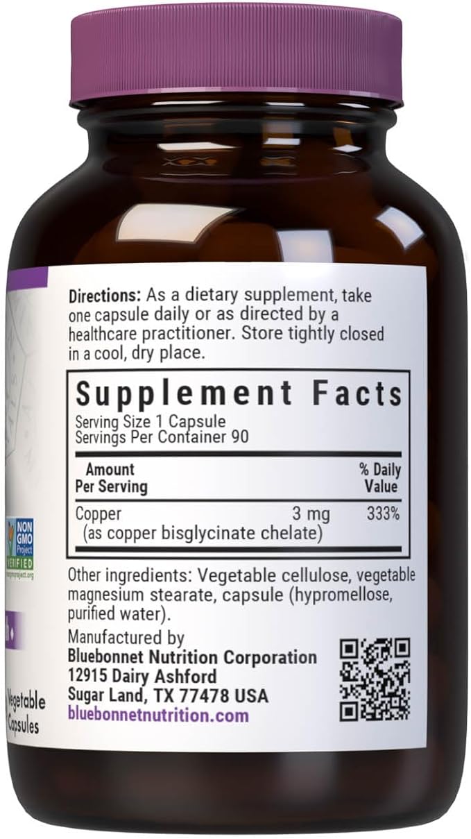 Bluebonnet Nutrition Albion Chelated Copper, Nervous System & Immune Health*, Soy-Free, Gluten-Free, Non-GMO, Kosher Certified, Dairy-Free, Vegan, 90 Vegetable Capsules, 90 Servings