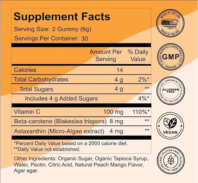 Organic Tanning Gummies for Glowing & Healthy Skin, Clinically Backed Dose Astaxanthin & Beta-Carotene Complex for Supports, Peach Mango 60 Count, Made in USA