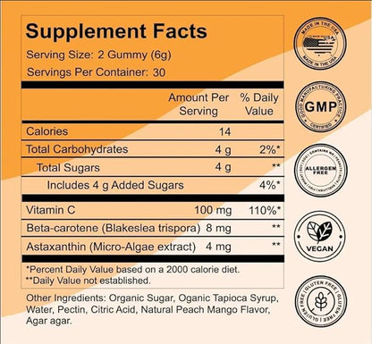 Organic Tanning Gummies for Glowing & Healthy Skin, Clinically Backed Dose Astaxanthin & Beta-Carotene Complex for Supports, Peach Mango 60 Count, Made in USA