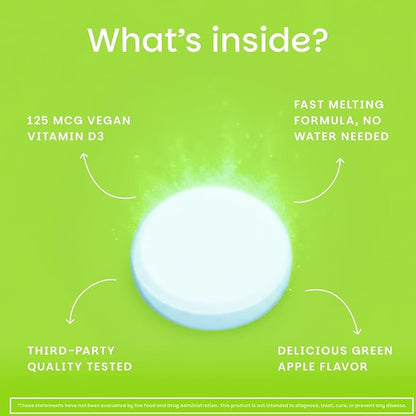 EZ Melts Dissolvable Vitamin D3 5,000 IU - Vegan Vitamin D Supplement for Bone & Teeth Support - No Artificial Flavors - Plant-Based & Non-GMO - Green Apple - 180 Dissolvable Tablets (180 Servings)