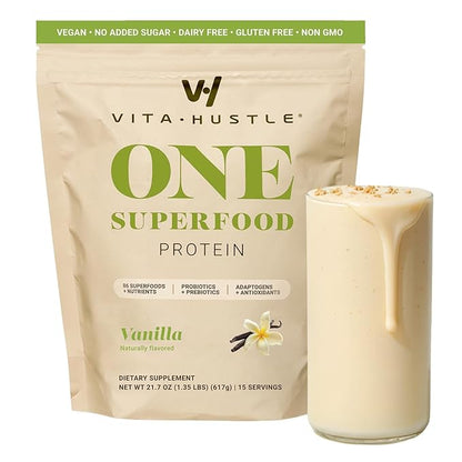 VitaHustle ONE Vegan Vanilla Protein Powder - 20g Plant Protein Meal Replacement with 86+ Superfoods & Greens, Probiotics + No Bloat Digestive Blend - Dairy Free, Gluten Free (15 Servings)