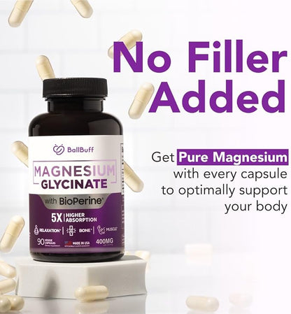 Pure Magnesium Glycinate 400mg - 5X Higher Absorption - Support Stress Relief, Sleep, Bone Health - 100% Chelated - Pure Magnesium Supplement for Women and Men- 90 Veggie Capsules
