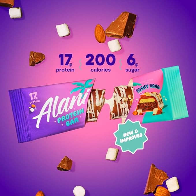 Alani Nu Protein Bars ROCKY ROAD | High Protein Gluten-Free Bars | 16g Protein | Low-Sugar (7G) Low-Carb Healthy Snacks | 12 Individually Wrapped Bars