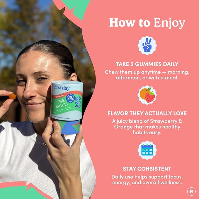 FIRST DAY Multivitamin for Women - Daily Womens Multivitamin Gummies - Vitamin A C D E B12, Magnesium, Zinc, Biotin – Vegan, Gluten Free Womens Vitamins - Hair Growth, Skin, Energy – 30 Day Supply