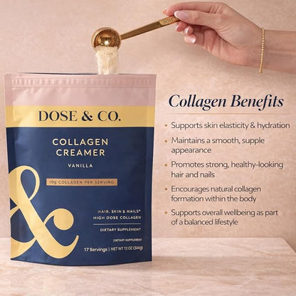 DOSE & CO. Vanilla Collagen Creamer Powder, 12 Oz | Hydrolyzed Bovine Collagen Type I & III with 11g Protein per Serving | Supports Hair, Skin & Nails | High Bioavailability, Non-GMO, Gluten Free