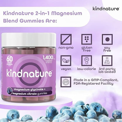 kindnature Magnesium Glycinate & Citrate Gummies – Calm Magnesium Complex for Sleep, Stress, Cramps & Digestion – Chewable Vegan Magnesium Supplement for Women, Teens, Adults – 60 Ct