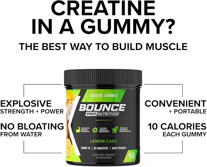 Bounce Pro Creatine Monohydrate Gummies for Men & Women, Low Calorie, 6G of Creatine per Serving, Vegan, Anti-Melting, Gluten-Free, Non-GMO (30 Count (Pack of 1), Lemon Cake)