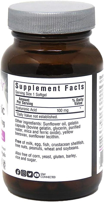Bluebonnet Nutrition Beautiful Ally Hyaluronic Acid 100mg, Nurture Radiant Skin*, Non-GMO, Gluten-Free, Soy-Free, 90 Softgels, 90 Servings