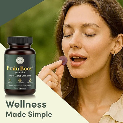 Lion’s Mane Mushroom Gummies 10:1 Extract with L-Theanine 200mg - Nootropic Cognitive Support for Focus, Memory & Calm Energy - Vegan, Non-GMO, Gluten-Free - Pomegranate Raspberry Flavor - 60 Count