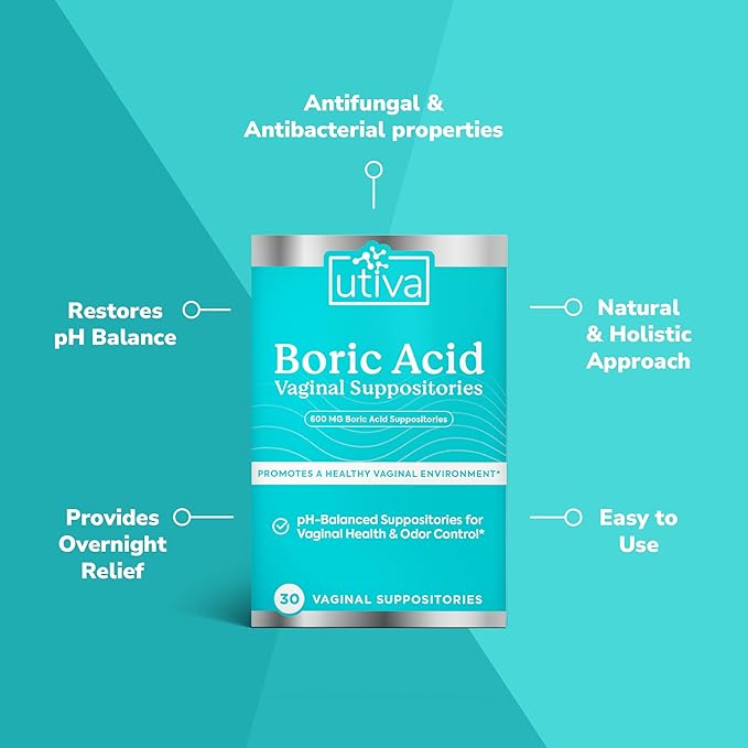 Szio+ Utiva Boric Acid Suppositories for Women - pH Balance - Feminine Care - 600mg Boric Acid to Lower pH and Support Vaginal Health, BV Treatment for Women, 30 Vaginal Suppositories