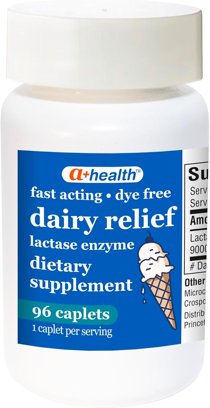 A+Health Dairy Relief Lactase Enzyme 96 Count, 9000 FCC Caplets, Fast Acting, Dye-Free, Dietary Supplement, Helps Prevent Gas, Bloating, Diarrhea Associated with Lactose Intolerance