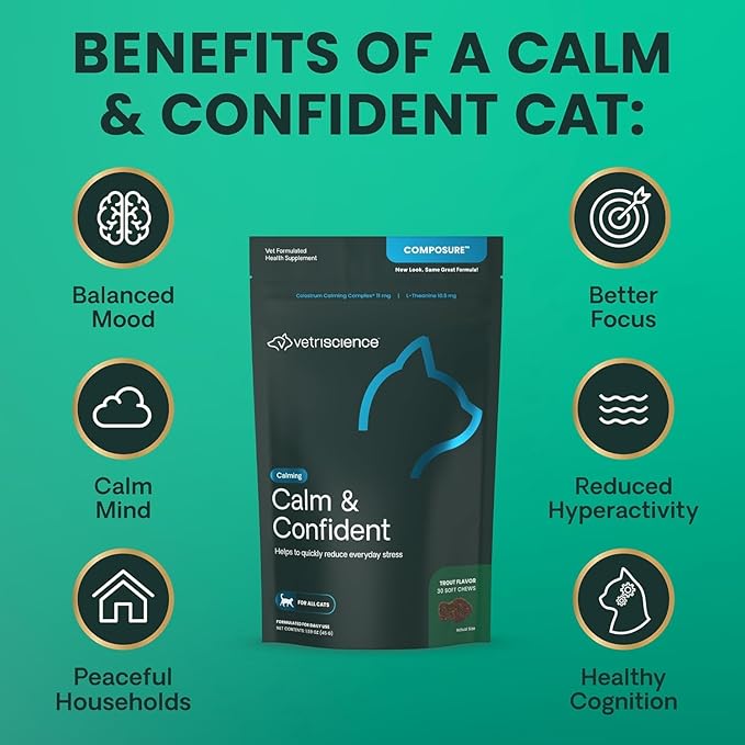 VetriScience Composure Calming Chews for Cats – Supports Relaxation & Balanced Behavior During Travel & Vet Visits, Daily Stress & Anxiety Support Supplement, Trout Flavor, 30 Count