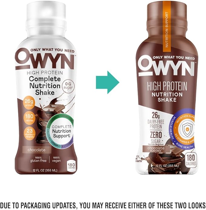 OWYN Only What You Need High Protein Shake, Chocolate Flavored, 26g Protein, 0g Sugar, 3g Fiber, Dairy Free, Plant Based Protein Drink, 12 Count
