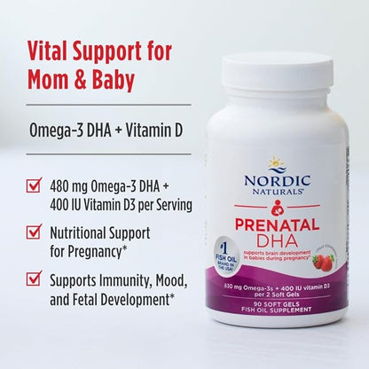 Nordic Naturals Prenatal DHA, Strawberry - 120 Soft Gels - 830 mg Omega-3 + 400 IU Vitamin D3 - Supports Brain Development in Babies During Pregnancy & Lactation - Non-GMO - 60 Servings
