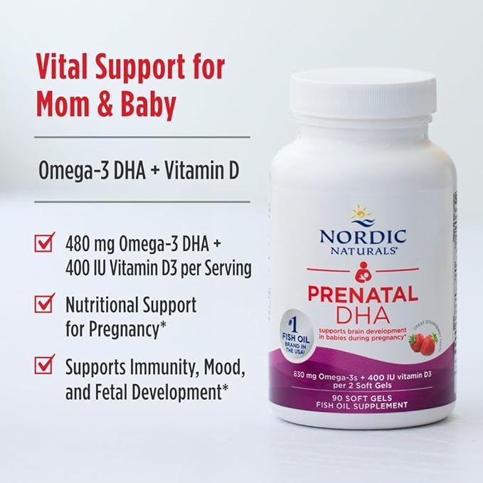 Nordic Naturals Prenatal DHA, Strawberry - 90 Soft Gels - 830 mg Omega-3 + 400 IU Vitamin D3 - Non-GMO - 45 Servings
