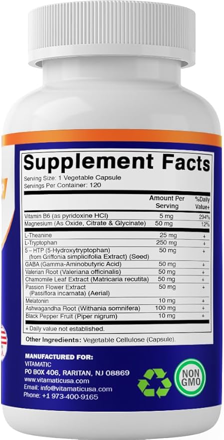 Vitamatic Advanced Sleep Aid with Melatonin - 120 Vegetable Capsules Made with B6, Magnesium, L-Theanine, L-Tryptophan, 5-HTP, GABA, Valerian, Chamomile, Passion Flower, Ashwagandha & Black Pepper