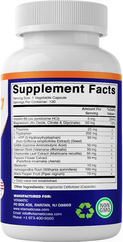 Vitamatic Advanced Sleep Aid with Melatonin - 120 Vegetable Capsules Made with B6, Magnesium, L-Theanine, L-Tryptophan, 5-HTP, GABA, Valerian, Chamomile, Passion Flower, Ashwagandha & Black Pepper