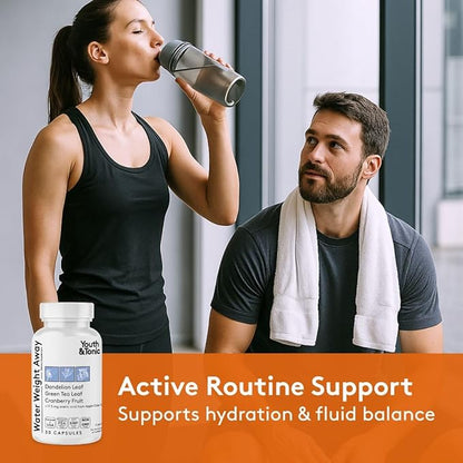 Youth & Tonic Water Weight Away – Herbal Diuretics for Water Retention & Bloating Support – with Potassium & Vitamin B6 for Fluid Balance – 30 Pills for Belly Bloat, Leg & Feet Swelling Support