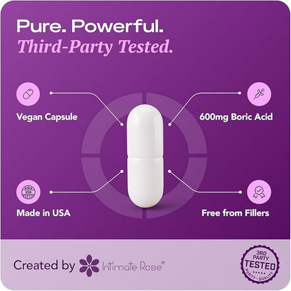 Intimate Rose Boric Acid Vaginal Suppositories, 30 Count for Feminine Deodorizing & Freshness - Vegan Capsules