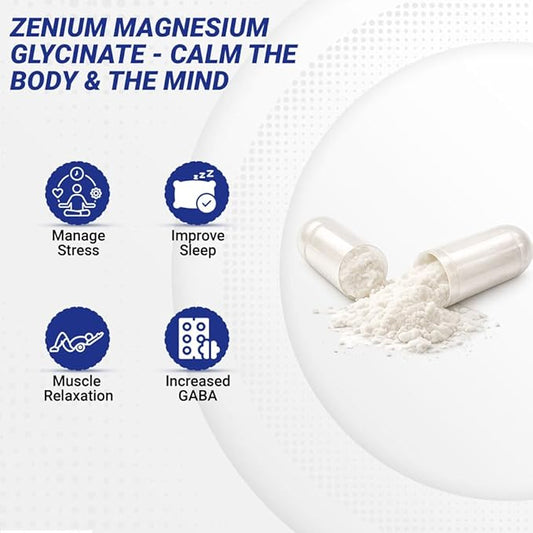 Zenium - Magnesium Glycinate for Sleep, Chelated, 600mg per Serving, 120 Capsules | High Absorption | Relieve Tension, Worry, Nervousness | Calm The Mind & Body | Ayurvedic | Natural Relief Supplement
