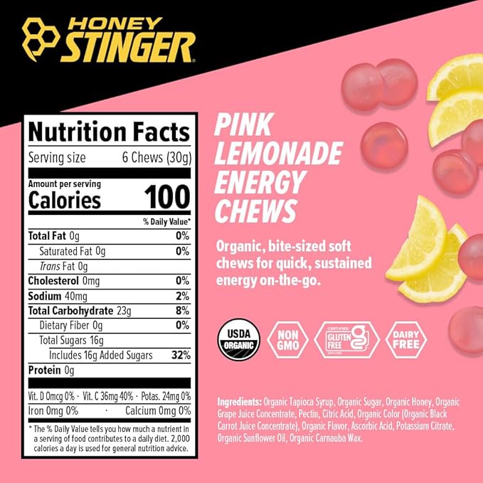 Honey Stinger Organic Pink Lemonade Energy Chew, Gluten Free & Caffeine Free, for Exercise, Running and Performance, Sports Nutrition for Home & Gym, Pre and Mid Workout, 24 Pack, 21.6 Ounce