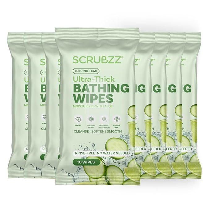 Extra Large Bath Wipes for Adults Bathing No Rinse - 80 Disposable Body Cleansing Wipes for Men, Women & Elderly - Great for Gym, Camping, Post Surgery - Shower Wipes - Cucumber Lime