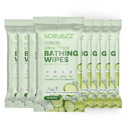 Extra Large Bath Wipes for Adults Bathing No Rinse - 80 Disposable Body Cleansing Wipes for Men, Women & Elderly - Great for Gym, Camping, Post Surgery - Shower Wipes - Cucumber Lime