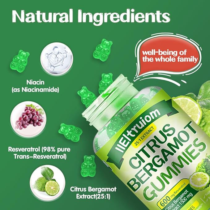 Citrus Bergamot 1500mg, Citrus Bergamot Gummies for Healthy Cholesterol, Bergamot Supplements 25:1 Extract from Italy Bergamot, Resveratrol & Niacin - Natural Vegan 60 Gummies