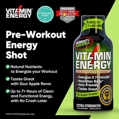 Vitamin Energy Workout+ Extra Strength Energy Shot Sour Apple 12 Pack, 260mg Natural Caffeine, Pre-Workout, B-Vitamins, Minerals, Endurance & Performance, Zero Sugar, Gluten-Free, Vegan, 1.93 fl oz