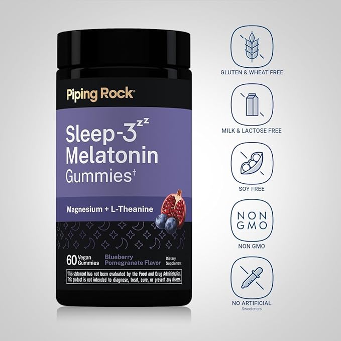 Piping Rock Melatonin Gummies | with Magnesium and L-Theanine | Blueberry Pomegranate Flavor | Vegan, Non-GMO and Gluten Free Supplement