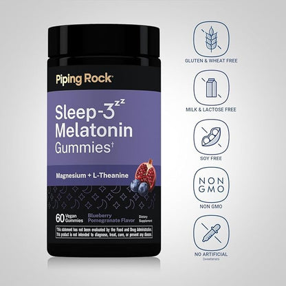 Piping Rock Melatonin Gummies | with Magnesium and L-Theanine | Blueberry Pomegranate Flavor | Vegan, Non-GMO and Gluten Free Supplement