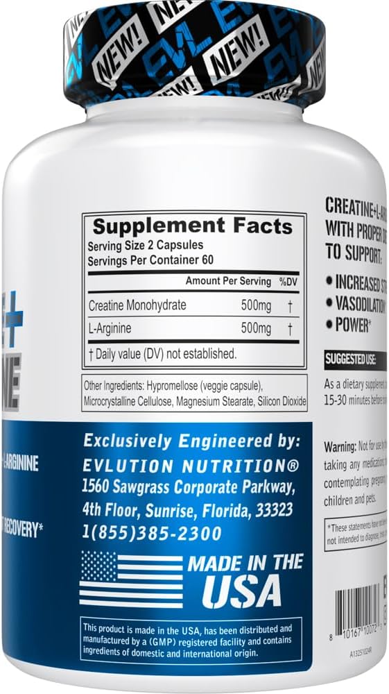 Evlution Nutrition Creatine + L-Arginine - Supports Blood Flow, Post-Workout Recovery & Lean Muscle Growth - 500mg Creatine Monohydrate & 500mg L-Arginine Per Serving -60 Servings -120 Veggie Capsules