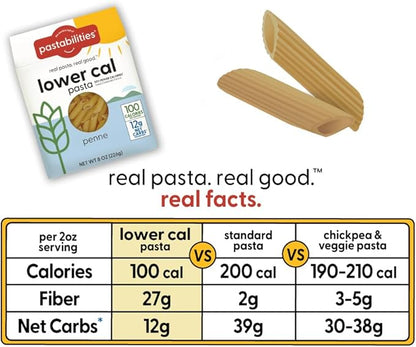 Pastabilities, Lower Calorie Pasta, Penne – 100 Calories per Serving, Low Net Carbs, Low Calorie, Non-GMO, High Fiber, Vegan, Plant-Based, Enhanced Nutrients, Delicious Taste & Texture (8 Ounce, 2 Pack)