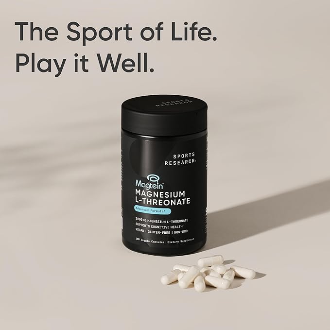 Sports Research® Magnesium L-Threonate Capsules 2000mg - High-Absorption Magtein® for Enhanced Brain Health, Memory, Focus & Restful Sleep Support - Vegan · Non-GMO · Gluten Free - 180 Count