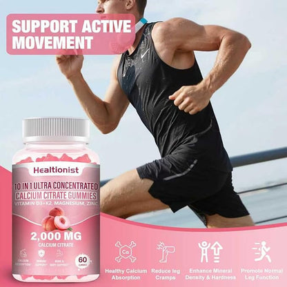 1 Packs 2000mg Calcium Citrate with Vitamin D3 K2 Supplements Gummies for Women & Men, Magnesium, Zinc, High Absorption, Bone, Muscle & Immune Support, 60 Counts Peach Flavor Gummies