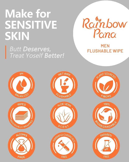 RainbowPana 120 Count Flushable Wipes for Men: ON-THE-GO, Individually Wrapped | Butt Wipes, Travel Wipes | Lightly Scented - Vitamin C, E, Aloe, Plant Extract | Hypoallergenic, Sensitive Skin