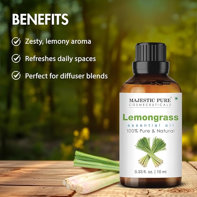 Majestic Pure Lemongrass Essential Oil - 100% Pure Lemongrass Oil for Aromatherapy, Massage & Topical Uses, Perfect for Diffuser & Essential Oil Diffuser - 0.33 fl. oz