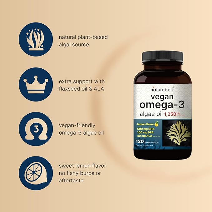 Vegan Omega 3 Algae Oil Supplement, 120 Veggie Softgels | Carrageenan Free, Plant-Based DHA & DPA | Fish Oil Alternative | Full Spectrum of Omega 3 with Flaxseed & ALA | Lemon Flavored