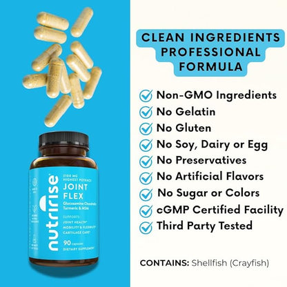 NutriRise Glucosamine Chondroitin Quercetin & MSM with Turmeric Curcumin 2100mg Triple Strength Joint Support Supplement for Women & Men with Boswellia & Bromelain, Gluten Free, Non GMO, 90 Count