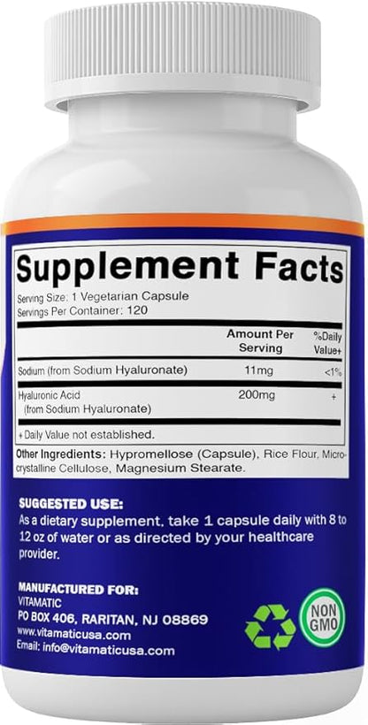 Vitamatic 2 Pack Hyaluronic Acid Supplements 200mg - Supports Healthy Connective Tissue and Joints - Promote Youthful Healthy Skin - Total 240 Capsules